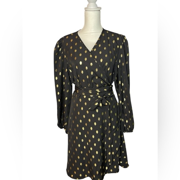 Black & Gold Polka Dot Wrap Dress 1X – Long Sleeve Party Dress Red Dot Boutique - Picture 3 of 13